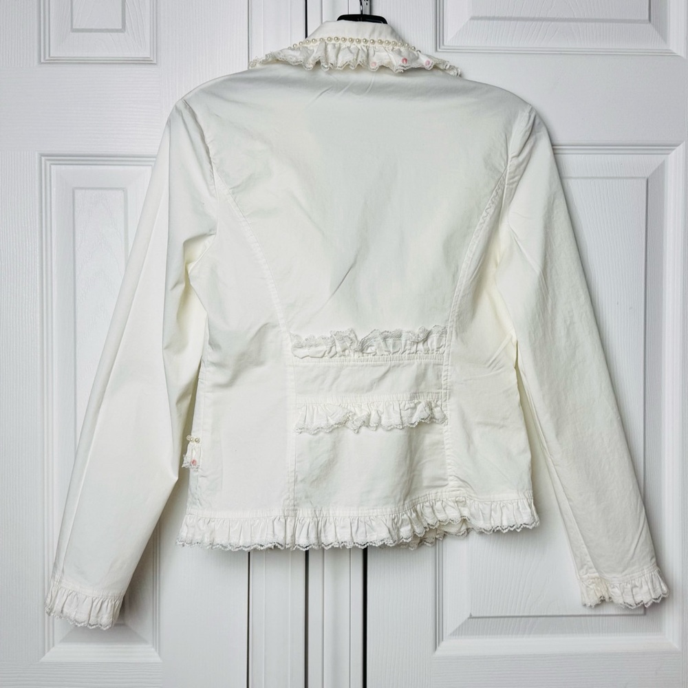 Kelly USA Vintage Ivory Pearl Trim Ruffle Blazer Cottagecore Jacket Size Medium - Picture 3 of 13
